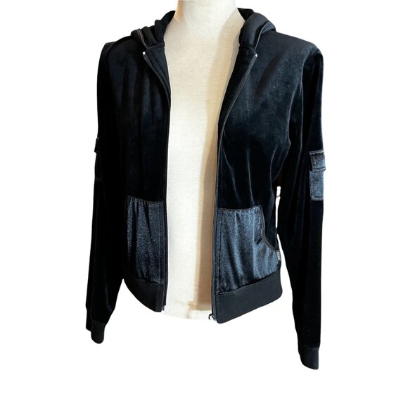 BCBG MAXAZRIA Hoodie M Womens‎ Black Colorblock Velvet Full Zip Jacket Medium - Picture 4 of 10